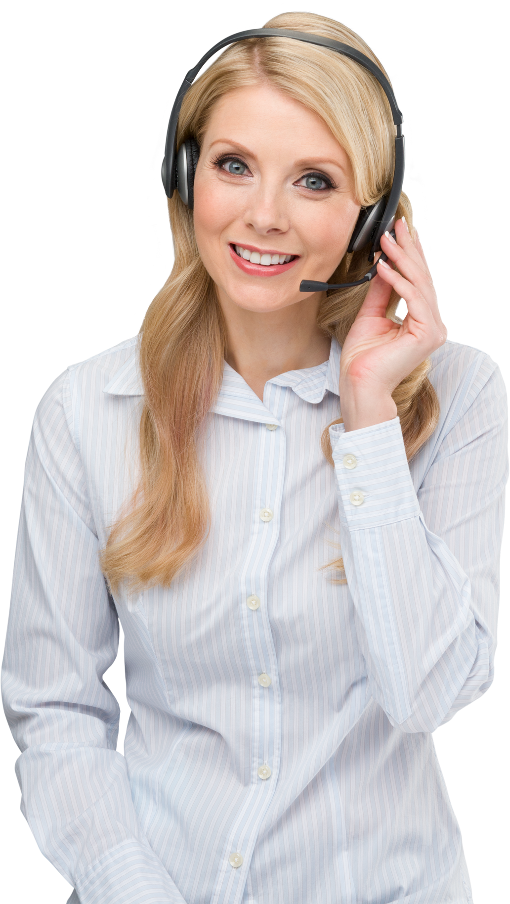 Friendly female customer service representative with long light blond hair in business casual outfit talking on headset - Isolat